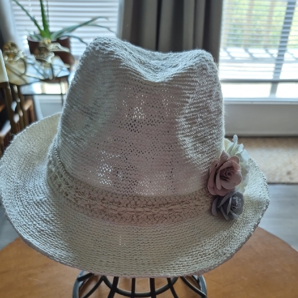 Olivia Fallon Cream Straw Hat with Floral Accent